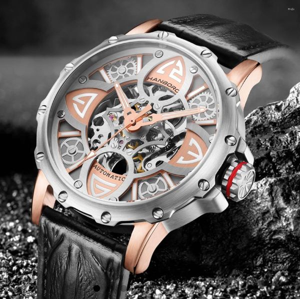Нарученные часы Hanboro Automatic Hollow Out Mechanical Watch Fashion Trend Mens Нависные часы светящийся водонепроницаемый человек