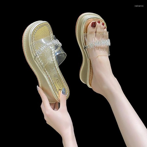 Тапочки Кристалл Женщины скользят мулы повседневные клинья высокие каблуки обувь сияет летому плюс плюс размер zapatos de mujer
