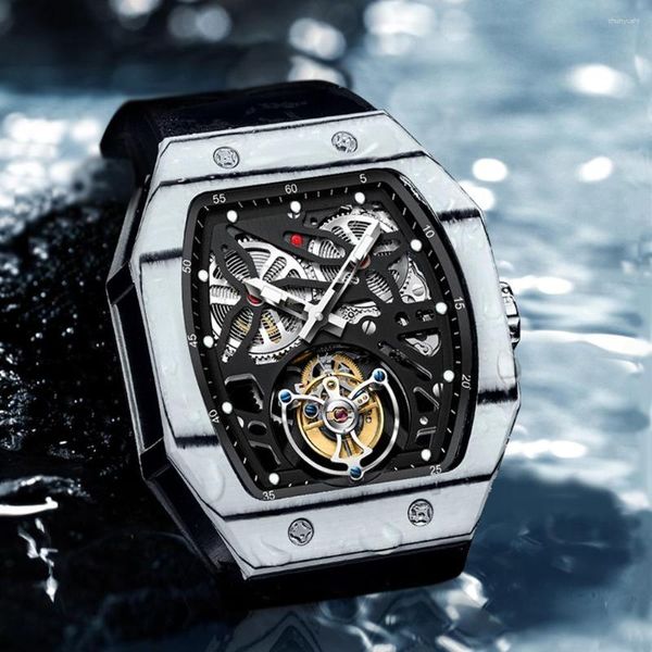 Orologi da polso AESOP Famoso stile quadrato Flying Tourbillon Orologio con lunetta in fibra di carbonio Orologi meccanici da uomo Orologio da uomo scheletrato di alta qualità