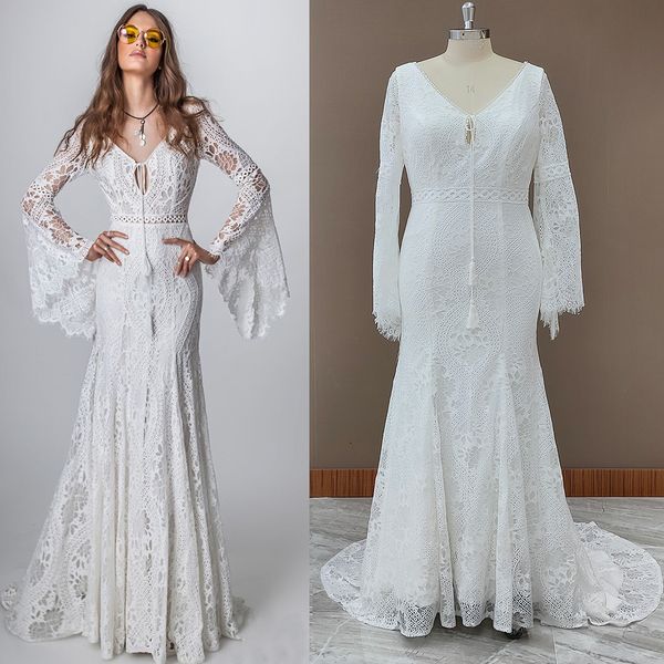 Urban Sexy Dresses Hippie-Strand-Boho-Hochzeitskleid mit V-Ausschnitt, langen Glockenärmeln, rückenfrei, Übergröße, Ausschnitt, Spitze, Ziel-Elopement-Brautkleid 230828