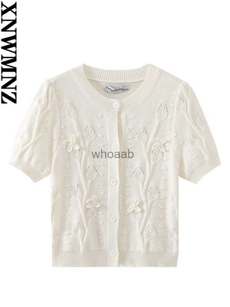 Xnwmnz moda feminina 2023 outono padrão de flor crochê malha cardigan feminino vintage o pescoço manga curta versátil feminino topo hkd230829