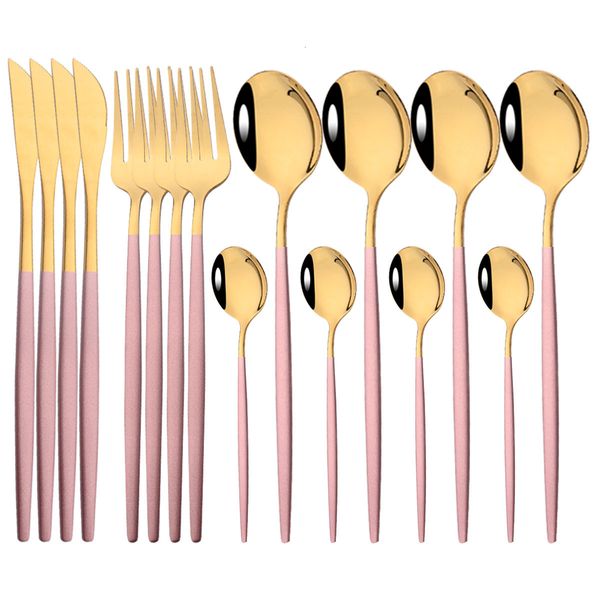 Conjuntos de louça 16 pcs rosa ouro conjunto de talheres de aço inoxidável talheres faca de cozinha garfo colher restaurante talheres de casamento 230828