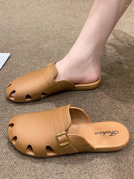 Chinelos femininos sapatos capa toe mulheres verão slides baixa moda fretwork saltos mocassins 2023 luxo borracha plana macia retro pu