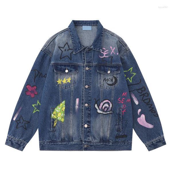 Giacche da uomo Giacca di jeans Graffiti Streetwear Cappotto di jeans Hip Hop Top da cowboy in cotone casual vintage da uomo