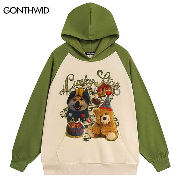 Erkek Hoodies Sweatshirts Harajuku Hoodie komik sevimli köpek oyuncak ayı grafik baskı patchwork sweatshirt sokak kıyafeti 2023 hip hop moda gevşek kapüşonlu pullov j230829
