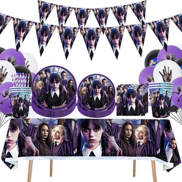 O filme quarta-feira addams festa de aniversário decoração banner balão utensílios de mesa festivos suprimentos para eventos fundo de casa hkd230829