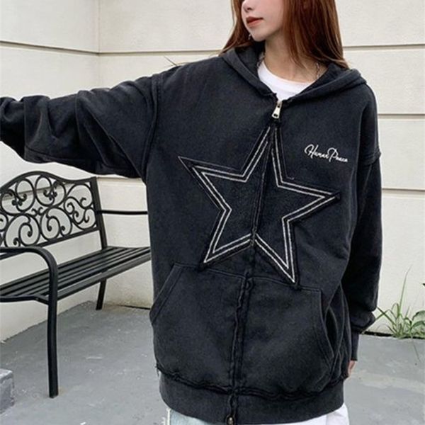 Damen Hoodies Sweatshirts High Street Patchwork Hoodie Baumwoll-Sweatshirt Damen Silber Fleece Star Print Cardigan Amerikanische Retro-Kleidung 230828