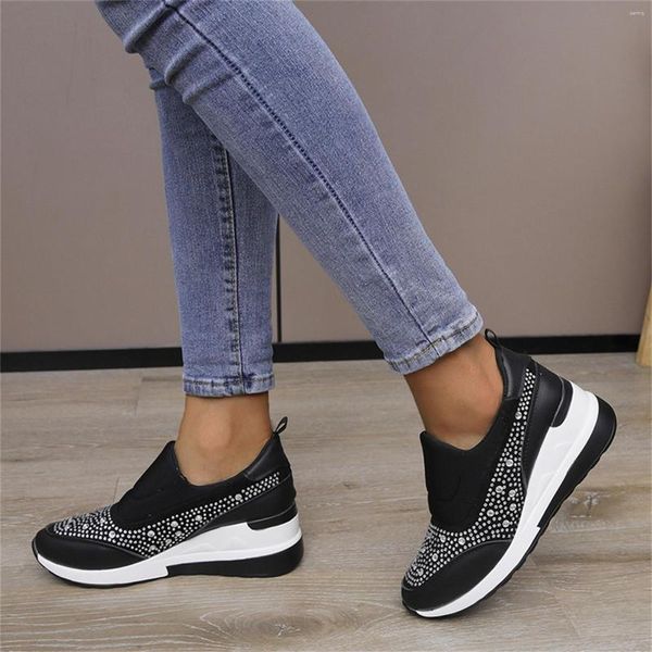 Scarpe eleganti da donna Sneakers sportive casual in pelle con strass suola spessa zeppe tacco da donna slip-on con plateau piatto da passeggio