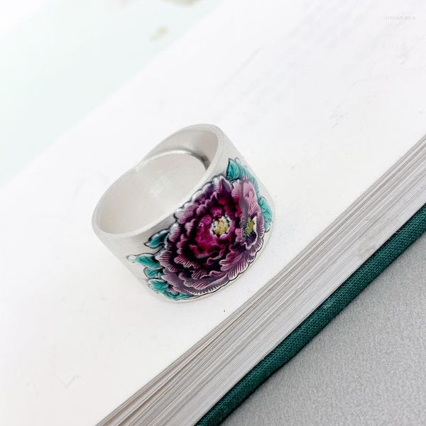 Кластерные кольца SR Peony Wide Plate Ring Кольцо этническое стиль твердый живой цветок с аксессуарами для лака