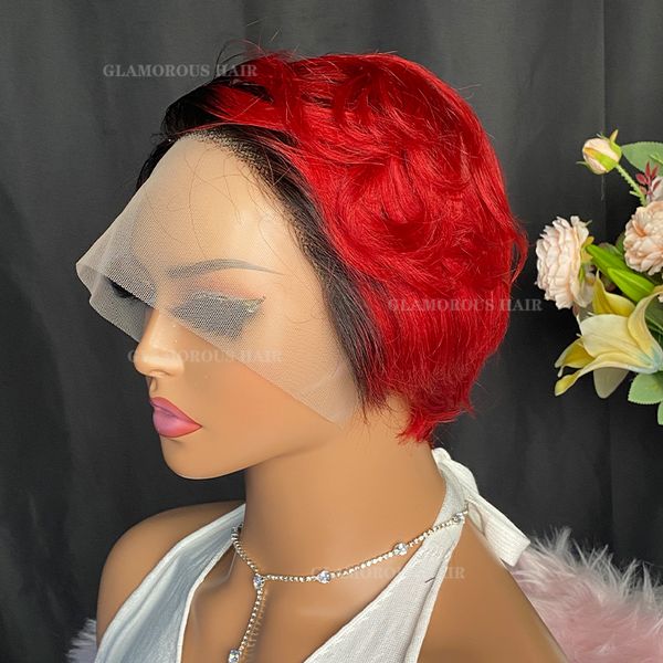 Glamoroushair malaio peruano indiano 1b vermelho 100% cru virgem remy cabelo humano pixie encaracolado corte t parte peruca curta