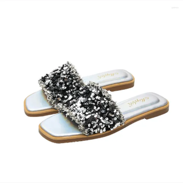 Terlik bayan payetli kumaş bling tpr süngerimsi taban gri siyah ayakkabılar açık yaz marka tasarımcı yenilik slaytlar yok 43