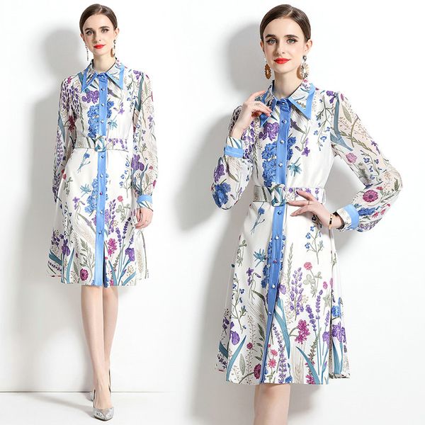 Kadınlar Butik Çiçek Elbise Şifon Uzun Kollu Baskılı Elbise 2023 Sonbahar Modaya Gönder