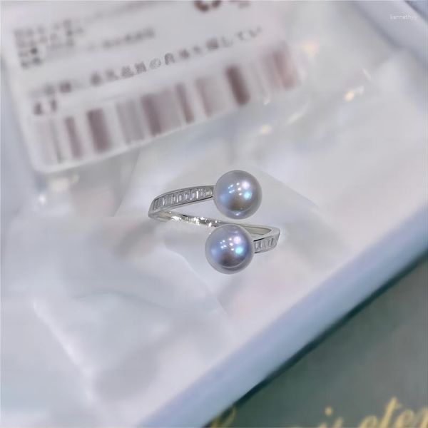 Cluster Anéis Hengsheng Akoya Prata Azul 7-8mm Doubule Pérolas Ajustáveis Fine 925 Jóias Esterlinas Presentes para Mulheres Meninas