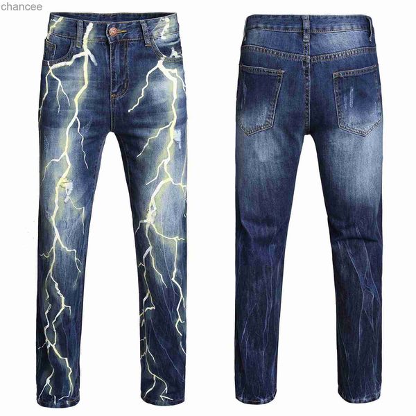 Calça jeans masculina com estampas relâmpago de alta qualidade clássica jeans azul rasgada com arranhões calças jeans casuais HKD230829