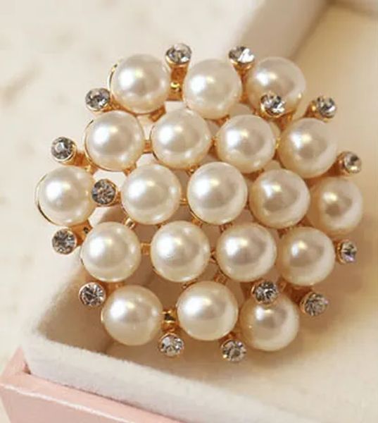 Spilla per bouquet di cristallo con perle finte avorio placcato oro da 1,2 pollici, regali per la festa di nozze
