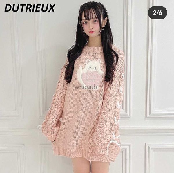 Lolita suéter feminino fofo de coelho com orelhas longas, pulôver feminino doce rosa solto vestido longo de malha de grandes dimensões roupas de outono inverno hkd230829