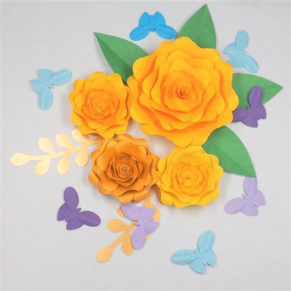 Fiori decorativi 2023 Set di 4 grandi fiori di carta 6 foglie 8 farfalle Fondali nuziali Decorazioni per la doccia per la scuola materna del bambino Mix