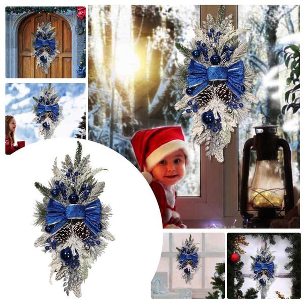 Flores decorativas rústicas decoração de casa de natal componente azul e branco com sinal de ano de coroa de pinha dupla para porta da frente