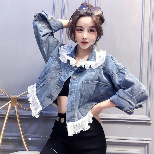 Damenjacken Denim Vintage Frauen Trendy Frühling Herbst Spitze Patchwork Weibliche Koreanische Lose Top Oberbekleidung Jacke