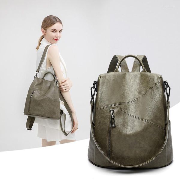 Mochila escolar feminina, mochila verde urbana vintage de couro à prova d'água com bolso grande, bolsa de viagem anti-roubo para mulheres