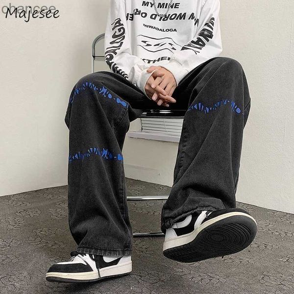 Männer Weiße Jeans Gedruckt Breite Bein Hosen Harajuku Vintage Denim Wischen Böden BF Hip-hop S-3XL Lose Pantalones Vielseitig Ins HKD230829