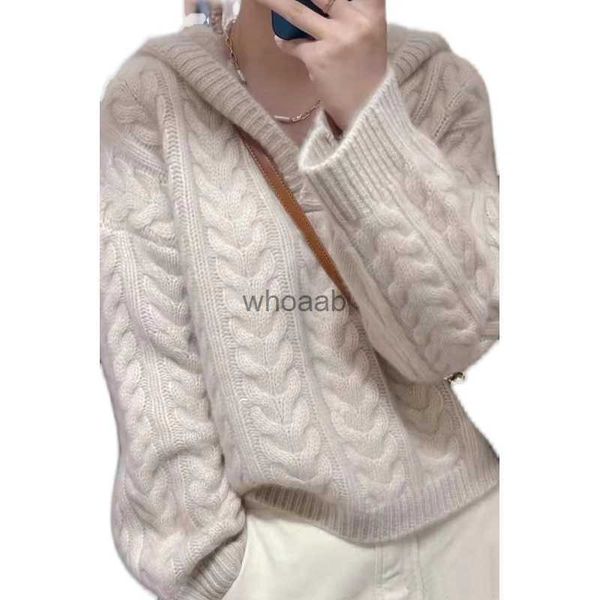 Pullover 100% maglione di cashmere sciolto casual puro colore lavorato a maglia maglione di lana a maniche lunghe con cappuccio da donna vendita calda corto inverno HKD230829