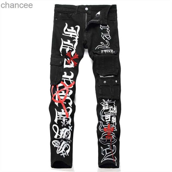 Neue Punk-Style-Jeans mit schwarzem Aufdruck, stilvolle Bleistifthose mit mehreren Taschen und mittlerer Taille, lässige Street-Trend-Bikerhose HKD230829