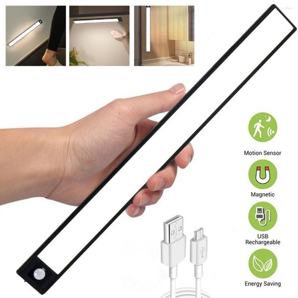 Luzes noturnas 20cm 40cm pir sensor de movimento led luz usb recarregável armário magnético parede para quarto cozinha escadas cabeceira