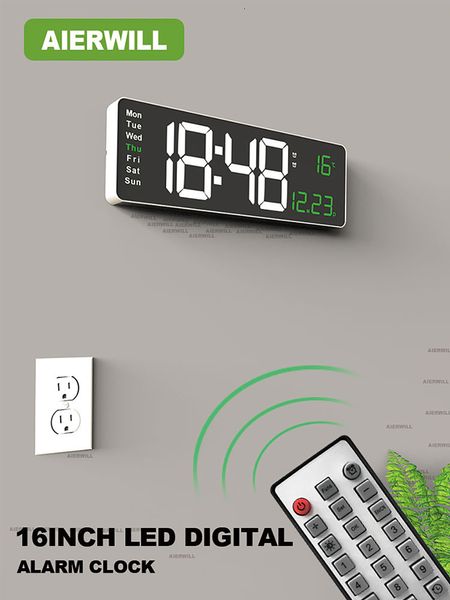 Настенные часы aierwill n6 цифровые часы 16 дюймов с большим будильником Дата дистанционного управления Дата дистанционного управления неделя температура двойная сигнализация светодиод 230828
