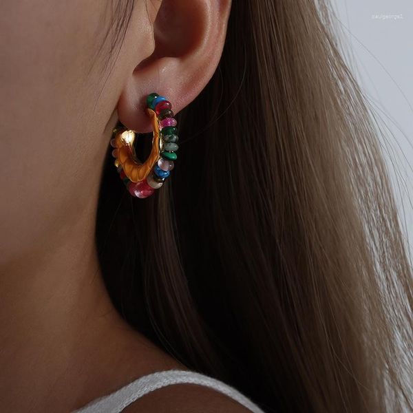 Orecchini a cerchio Orecchini con perline in pietra naturale Ganci per le orecchie Gioielli di moda con fascino di cristallo schiacciato naturale di Boemia per le donne fatti a mano