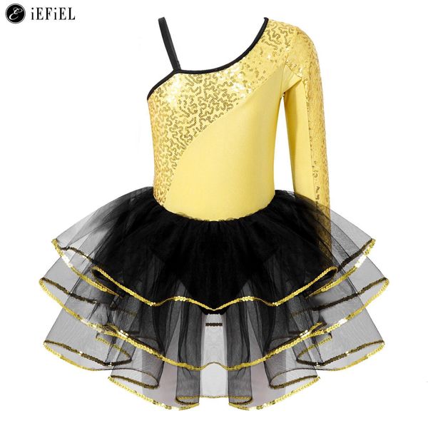 Dancewear Kinder Mädchen Glitzernde Pailletten Einschulter-Ballett-Tanz-Tutu-Kleid Trikot Lyrisches modernes zeitgenössisches Kostüm Ballsaal-Tanzkleidung 230829