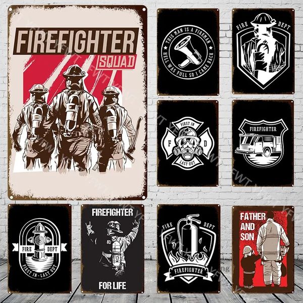 Placas de estanho para brigada de incêndio, pôster de ferro, equipamento de incêndio, placa de metal retrô, garagem, bar, sala, casa, homem, caverna, decoração ao ar livre, pôster 30X20CM w01