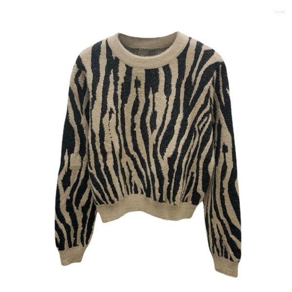 Maglioni da donna Donna 2023 Moda Jacquard Stampa animale Slim Crop Maglione Vintage O Collo Manica corta Pullover femminile Chic Top C-027