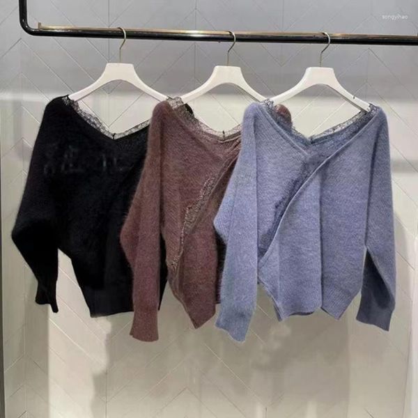 Suéteres femininos Kuzuwata outono inverno 2023 puxa femme dois desgaste solto borda de renda retalhos pulôver jumpers com decote em v manga comprida camisola de malha