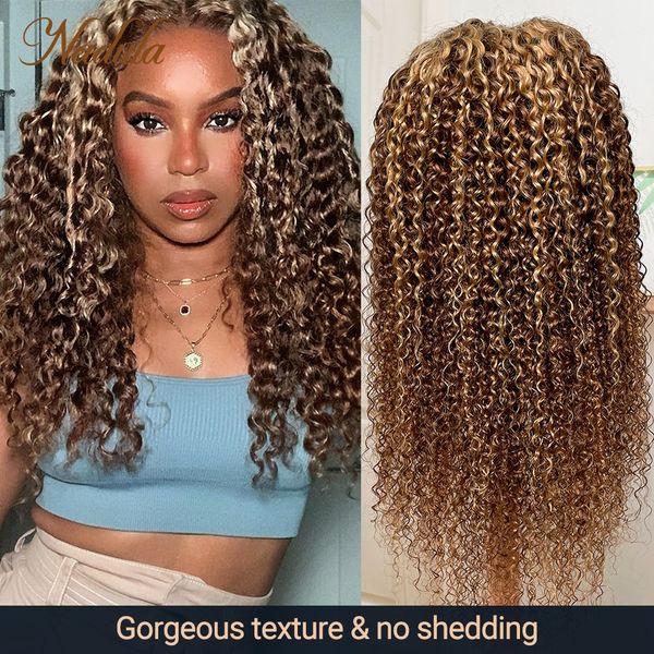 Curly Hair Highlight Braun 4x4 Verschluss Tl412 Honigblond Ombre Farbe vorgezogen 13x4 Spitzenfront Perücke für Frauen