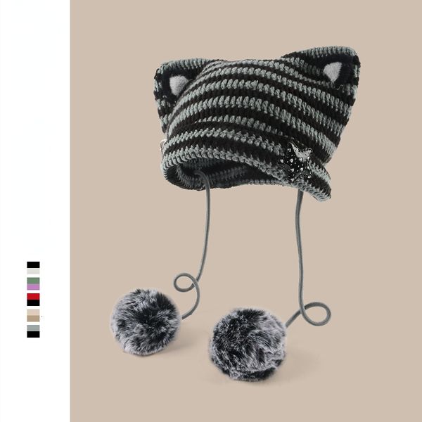 Gorro/Gorras de calavera Hecho a mano Y2k Gorros con orejas de gato japonés Pelo de conejo Pom-pom Rayas Cariño Chica Gorro de punto Otoño e invierno Sombreros de mujer cálidos 230829