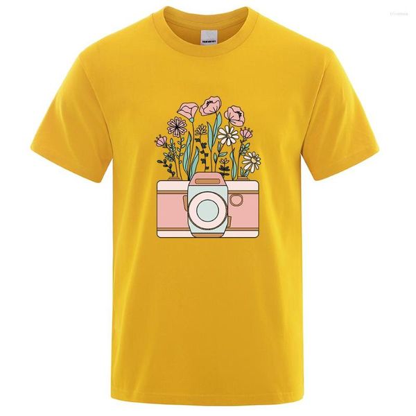 Homens camisetas Lindas flores na câmera Tops Homem Casual Tee Roupas T-shirts Crewneck Verão T-shirt Suor Algodão Solto Camisa Masculina