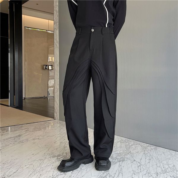 Männer Hosen 2023 Herbst Koreanischen stil einzigartige Plissee blatt design anzug hosen männer beiläufige dünne schwarz für trousera größe M XL 230828