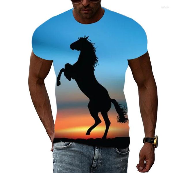 Homens Camisetas Animal Cavalo Padrão T-shirt Hip Hop Tendência Personalidade Moda Redondo Pescoço Tops Casual Bonito Impressão Manga Curta Tees