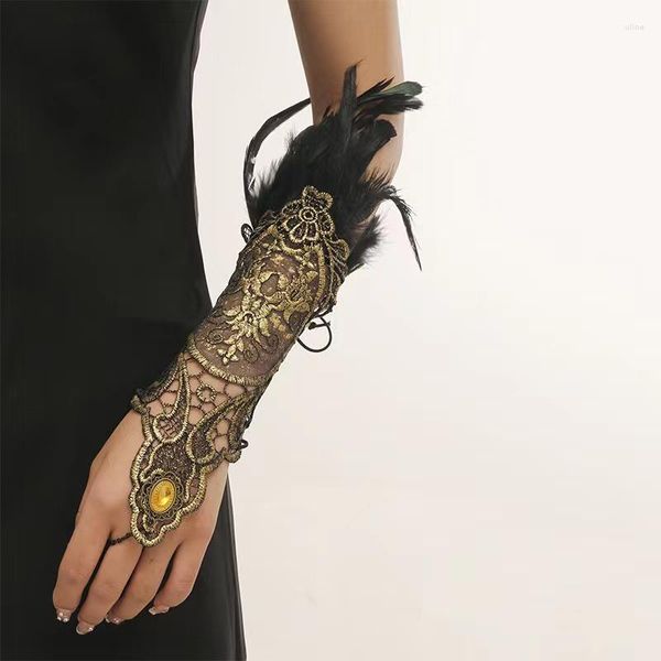 Link pulseiras gótico vampiro longo laço pena pulseira com anel uma corrente jóias para festa feminina cor de ouro luva decoração