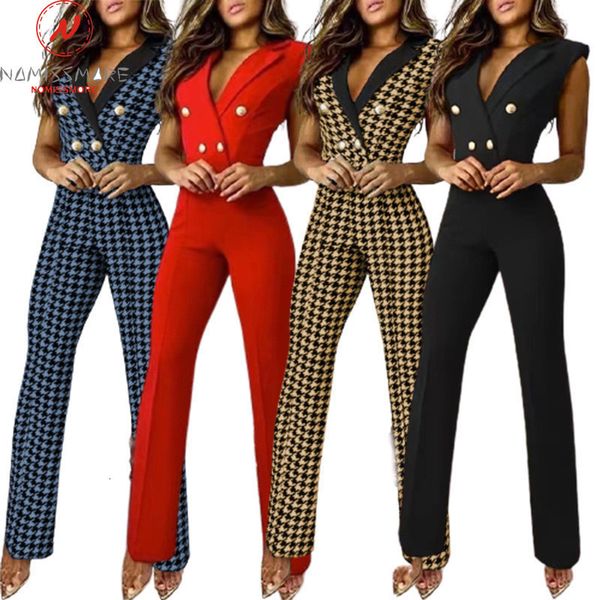 Damen-Overall, Strampler, elegant, Bürodame, Sommer, einfarbig, Jumpsuits, Patchwork-Design, Knopfdekor, V-Ausschnitt, ärmellos, hohe Taille, schlanke Hüften, Jumpsuits 230829