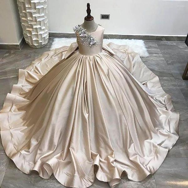 Abiti da ragazza Champagne Pizzo Perle Raso Fiore senza schienale Moda Tulle Eleganti abiti da spettacolo di compleanno per bambini