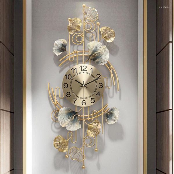 Wanduhren Metall Ginkgoblatt Licht Luxusuhr Mode dekorativ Zuhause Wohnzimmer Veranda Dekor Anhänger Stille Quarzuhren