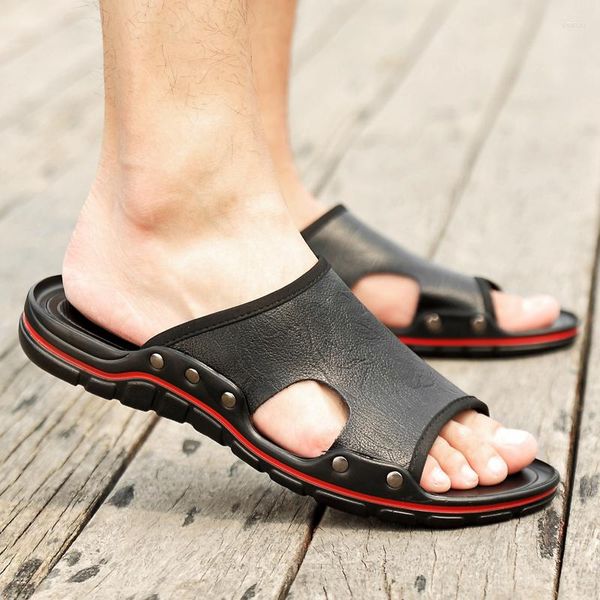 Hausschuhe Sommer Schwarz Sandalen Männer Echtes Leder Cool Man Bequeme Klassische Luxus Strand Schuhe Männlich Casual