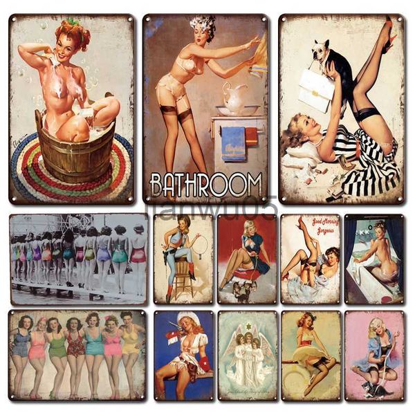 Metallmalerei Shabby Chic Duschraum Metall Poster Blechschild Vintage Sexy Pin Up Girl Metallplatte Badezimmer Dekoration Zubehör Home Decor x0829