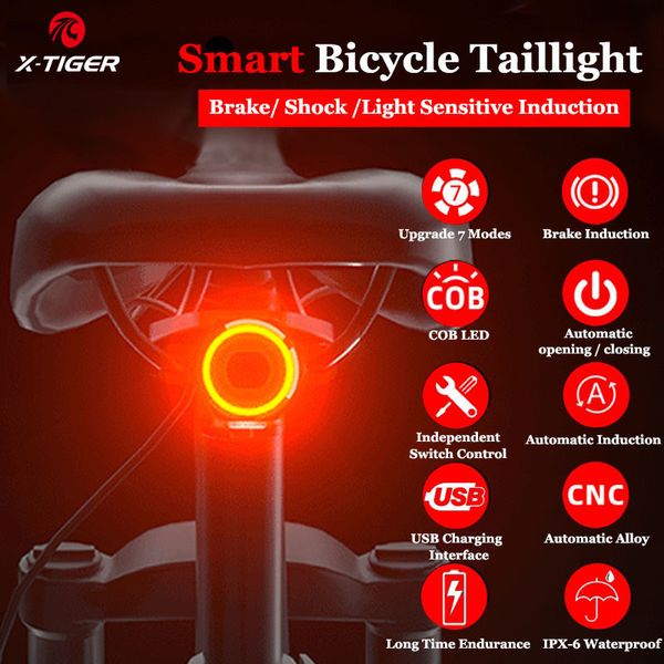 Luzes de bicicleta XTiger Luz Traseira IPx6 À Prova D 'Água LED Carregamento Bicicleta Inteligente Auto Brake Sensing Acessórios Lanterna Traseira 230830