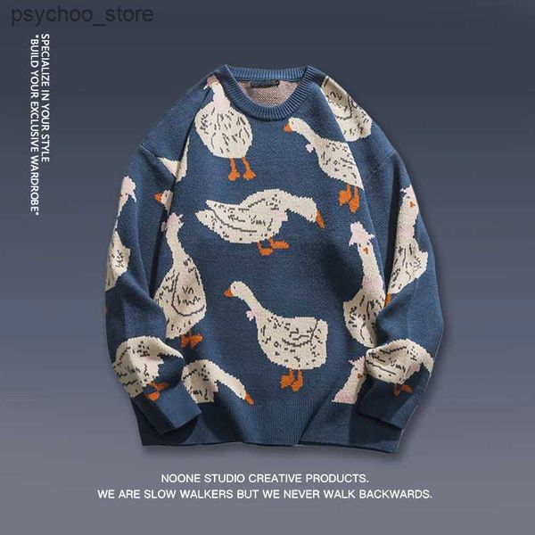 Männer Niedlichen Cartoon Tier Ente Gans Drucken Blau Schwarz Gestrickte Pullover Winter Harajuku Casual Oversize Paar Pullover Pullover Q230830