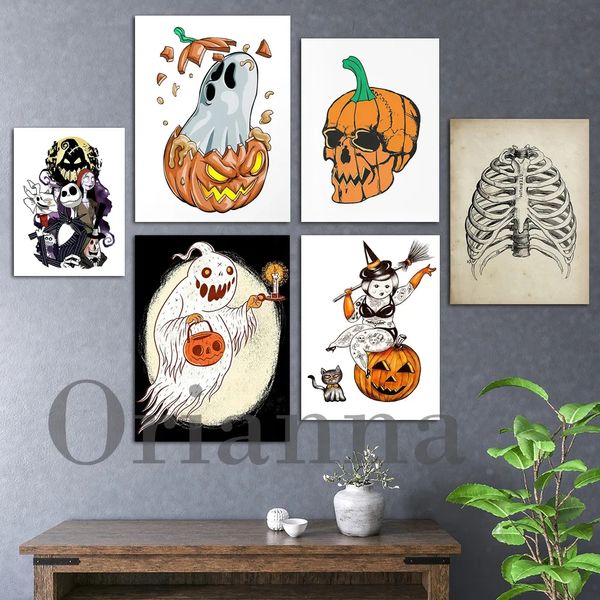 Leinwandgemälde Witchy Halloween Schwarz Orange Kürbis Skelett Gruselige Poster Druck Wandkunst Modernes Wohnzimmer Party Dekor Geschenk Kein Rahmen Wo6