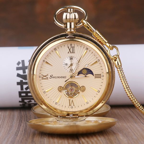 Taschenuhren Hochwertige Gold-Vollstahl-Schlange FOB-Kette Mechanische Taschenuhr Handaufzug Antike Vintage römische Uhr Herren Geschenkbox 230830