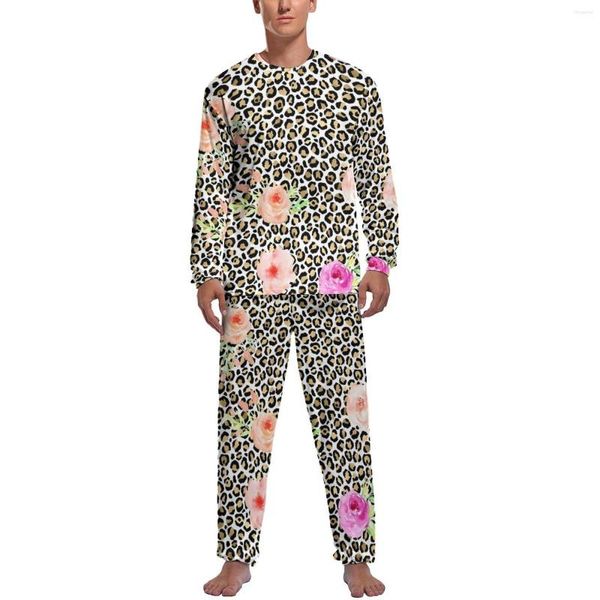 Pijamas masculinos floral leopardo ouro pijamas de manga longa rosa pêssego impressão 2 peças casa pijama conjuntos outono homens padrão legal